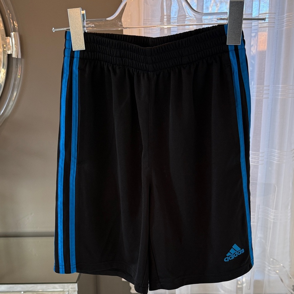 Adidas Kids 10/12 Black Shorts with Vibrant Blue Accents